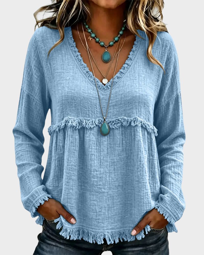 Boho V-Neck Fringe Babydoll Blouse