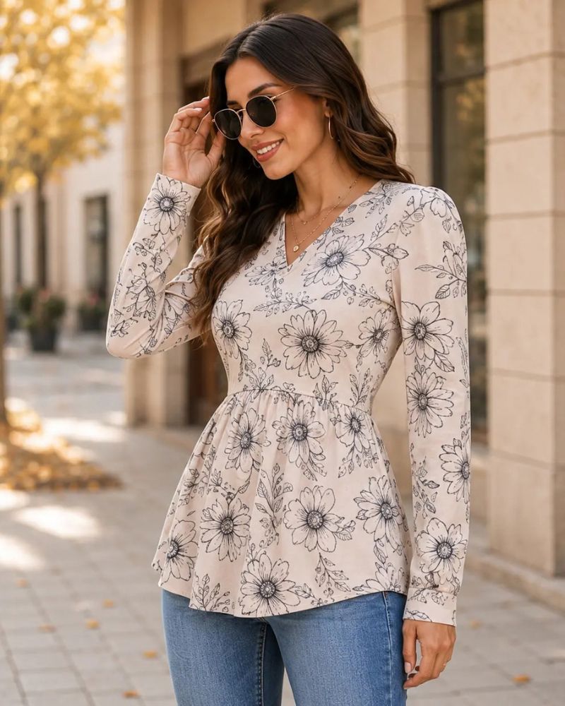 V-Neck Long Sleeve Babydoll Peplum Top