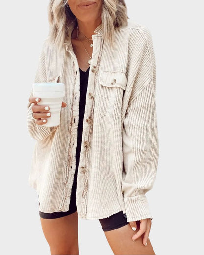 Oversized Batwing Waffle Knit Button-Down Shacket