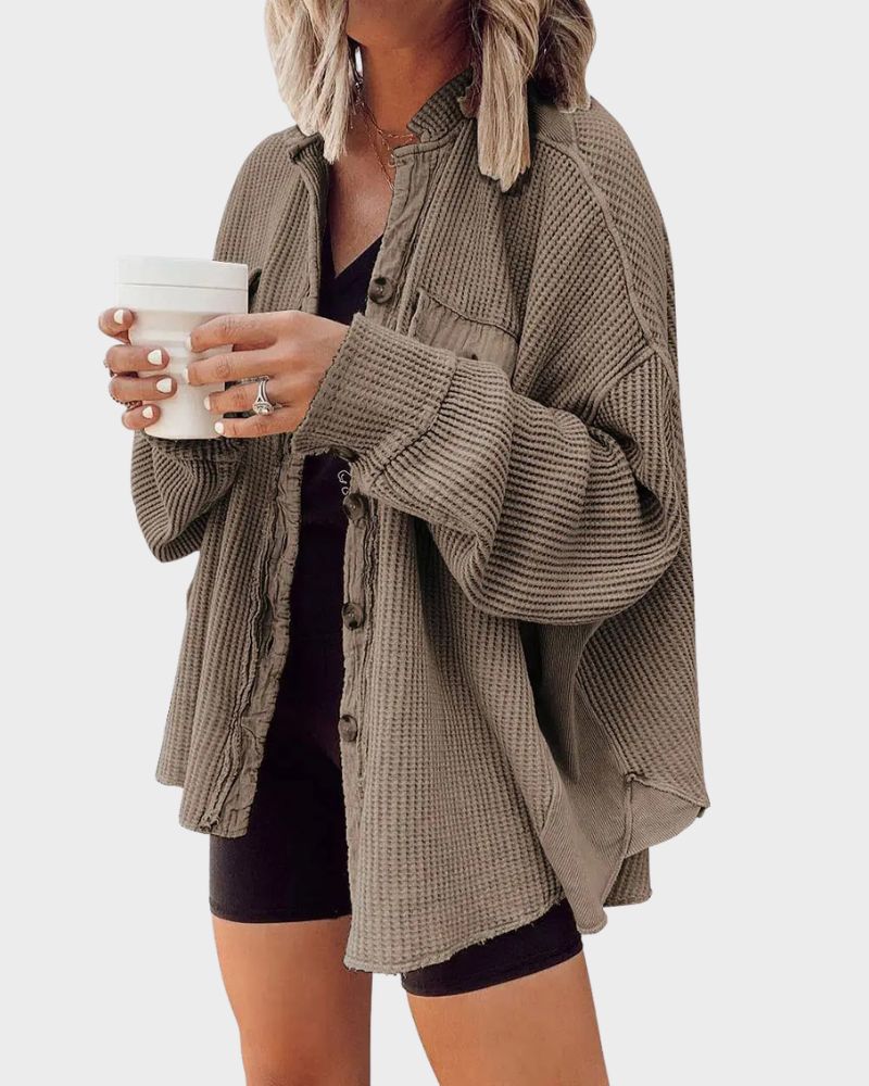 Oversized Batwing Waffle Knit Button-Down Shacket