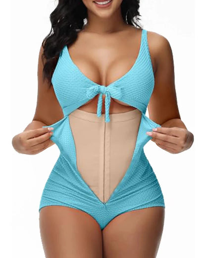 Plus Size Tummy Control One Piece Swimsuit Cutout Tie Knot Slimming Bathing Suit