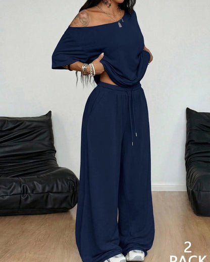 Women's Off-Shoulder Tee Wide-Leg Pants 2P Set