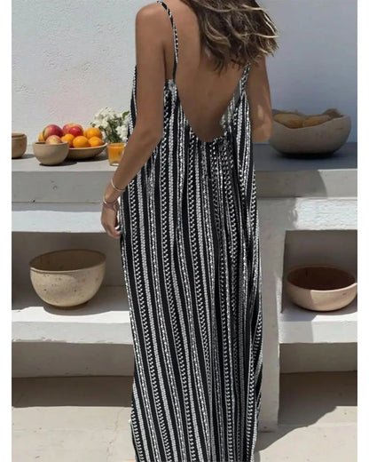 Women’s Backless Maxi Dress Leopard and Stripe Print Sleeveless Summer Dress