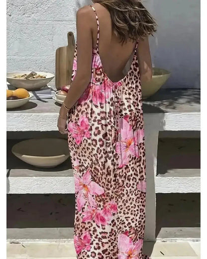 Women’s Backless Maxi Dress Leopard and Stripe Print Sleeveless Summer Dress