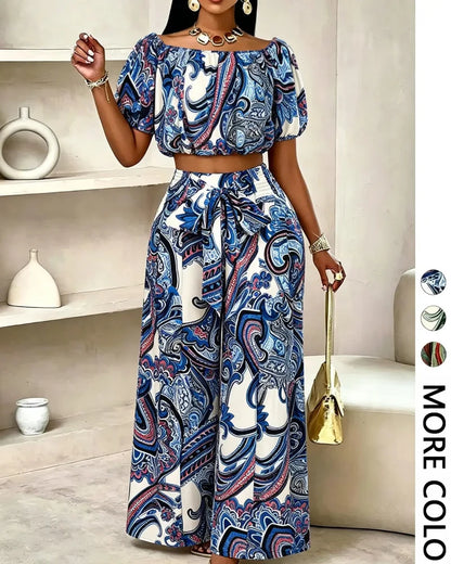 Women’s Paisley Summer Two-Piece Set, Off-Shoulder Top & Wide-Leg Pants