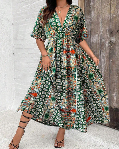 Plus Size Boho V-Neck Floral A-Line Dress