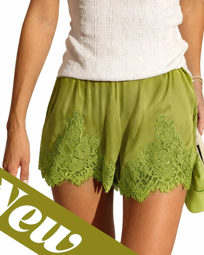 Women’s Silky Lace Trim Satin Lounge Shorts, Chic Style