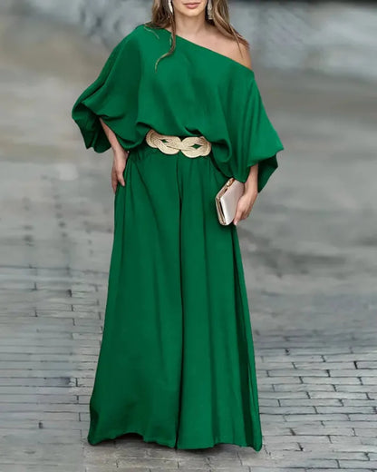 Skew Neck Set – Lantern Top & Wide Leg Pants