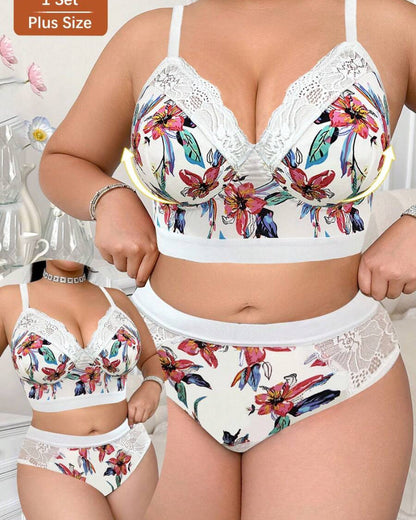 Wireless Plus Size Floral Lingerie Set, Soft & Cozy Fit