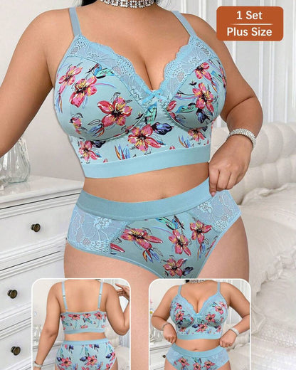 Wireless Plus Size Floral Lingerie Set, Soft & Cozy Fit