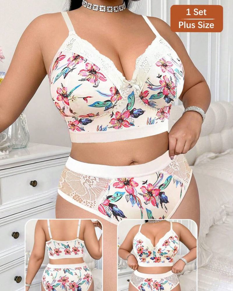 Wireless Plus Size Floral Lingerie Set, Soft & Cozy Fit
