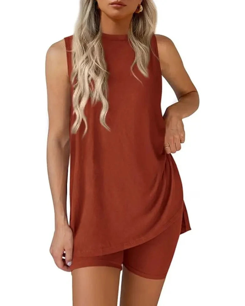 Women’s Sleeveless 2-Piece Summer Lounge Set – Split-Hem Shorts
