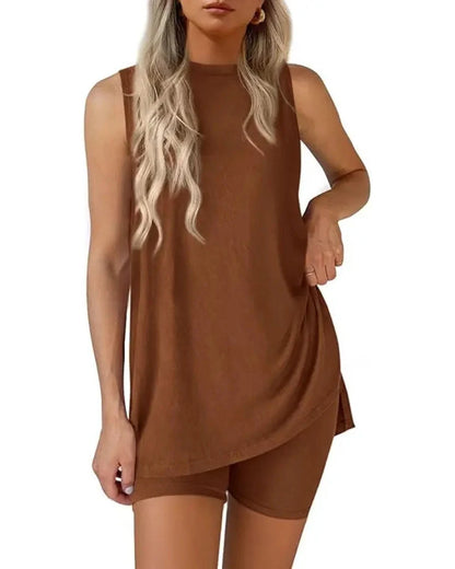 Women’s Sleeveless 2-Piece Summer Lounge Set – Split-Hem Shorts