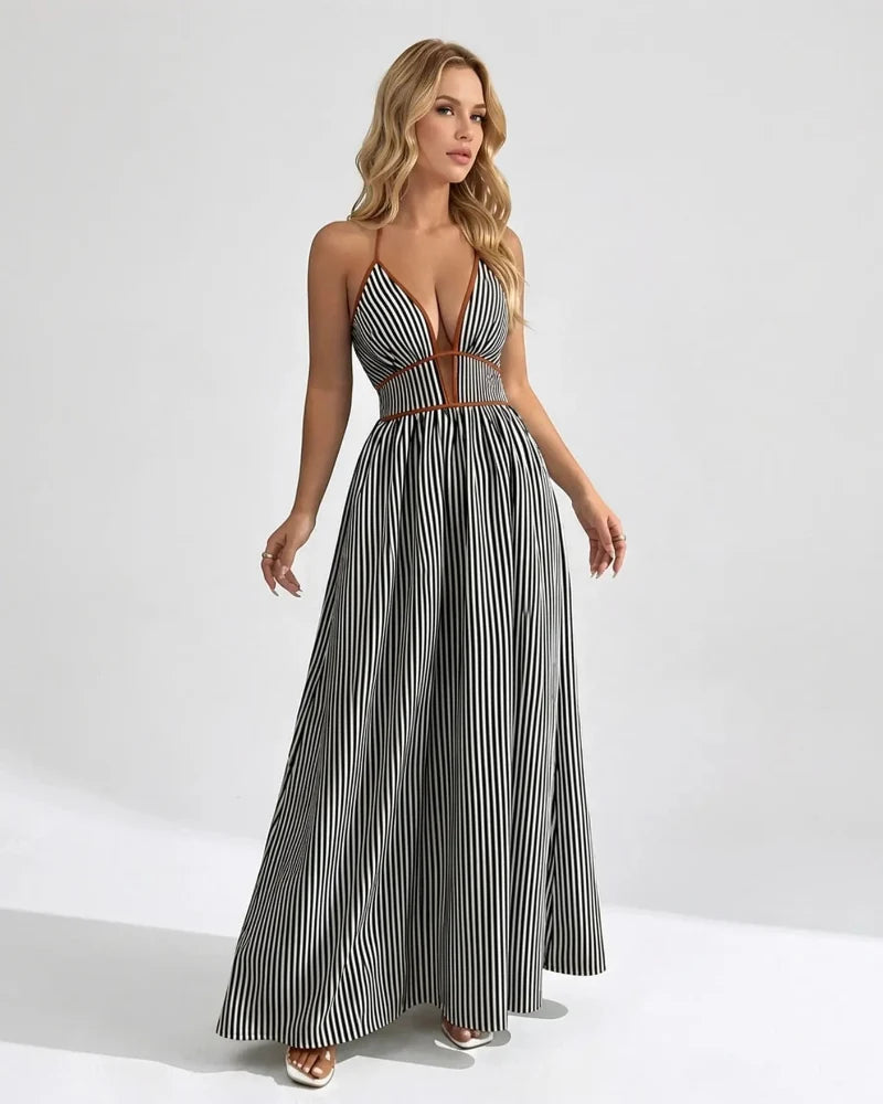Women’s Pinstripe V-Neck Halter Maxi Dress – Summer Beachwear