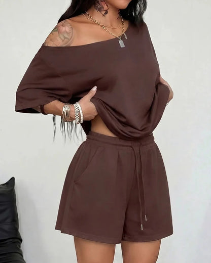 Women's Off-Shoulder Tee Wide-Leg Pants 2P Set