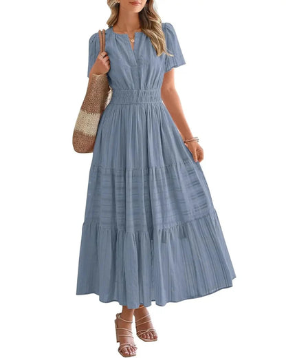 Women’s Boho Maxi Dress, V-Neck Short Sleeve Summer Dress with Pockets