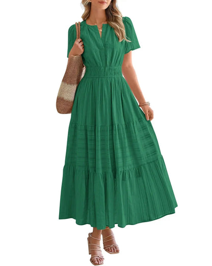 Women’s Boho Maxi Dress, V-Neck Short Sleeve Summer Dress with Pockets
