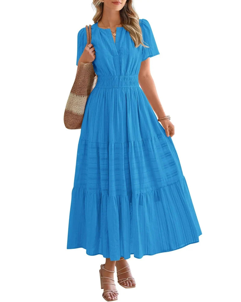 Women’s Boho Maxi Dress, V-Neck Short Sleeve Summer Dress with Pockets