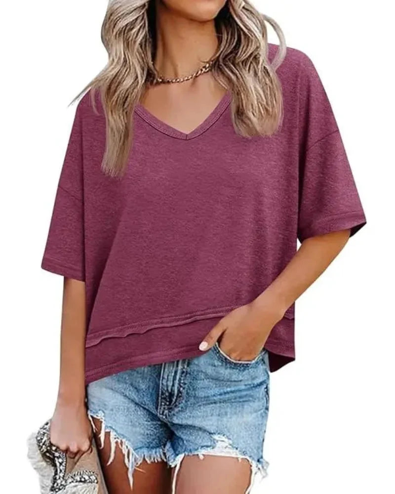 Women's V-Neck Summer Tee, Short Sleeve Loose Fit Casual Top