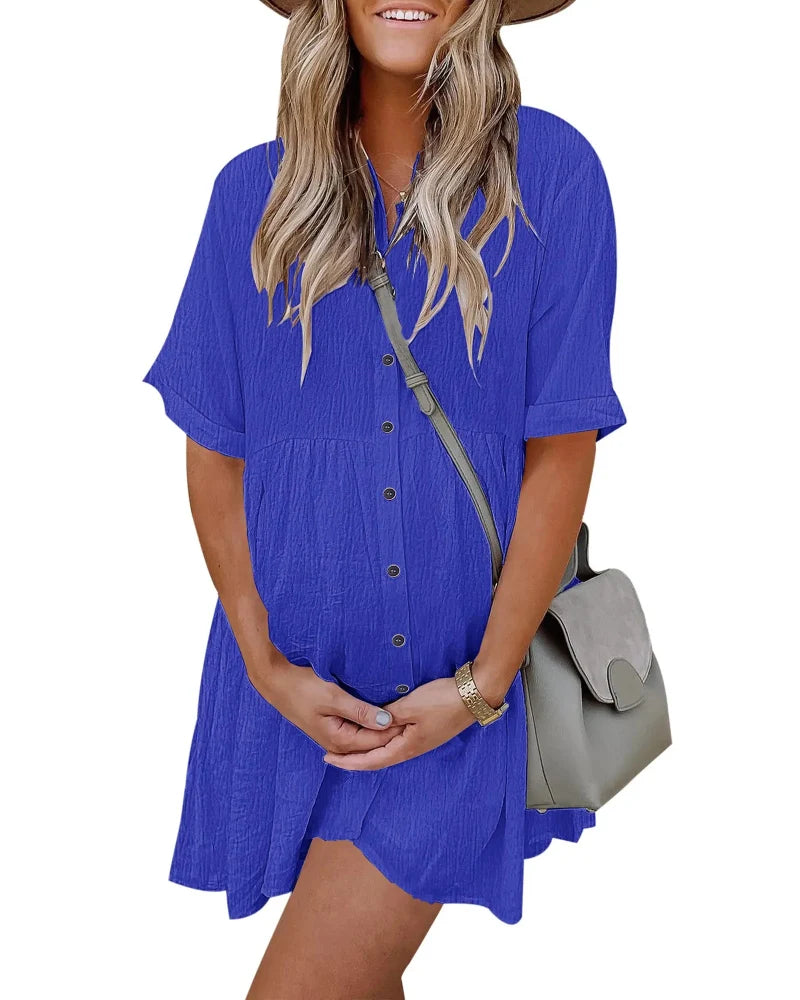 Textured Button-Down Flowy Mini Dress with Pockets