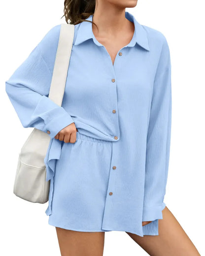 Women Gauze Shirt Shorts Set 2-in-1 Oversized Beach Cover Up Outfit