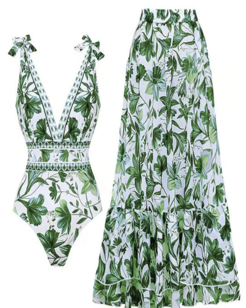 Shapecurve® V Neck Lace Up Strip Plant Prints One Piece Swimsuit and Skirt/Sarong