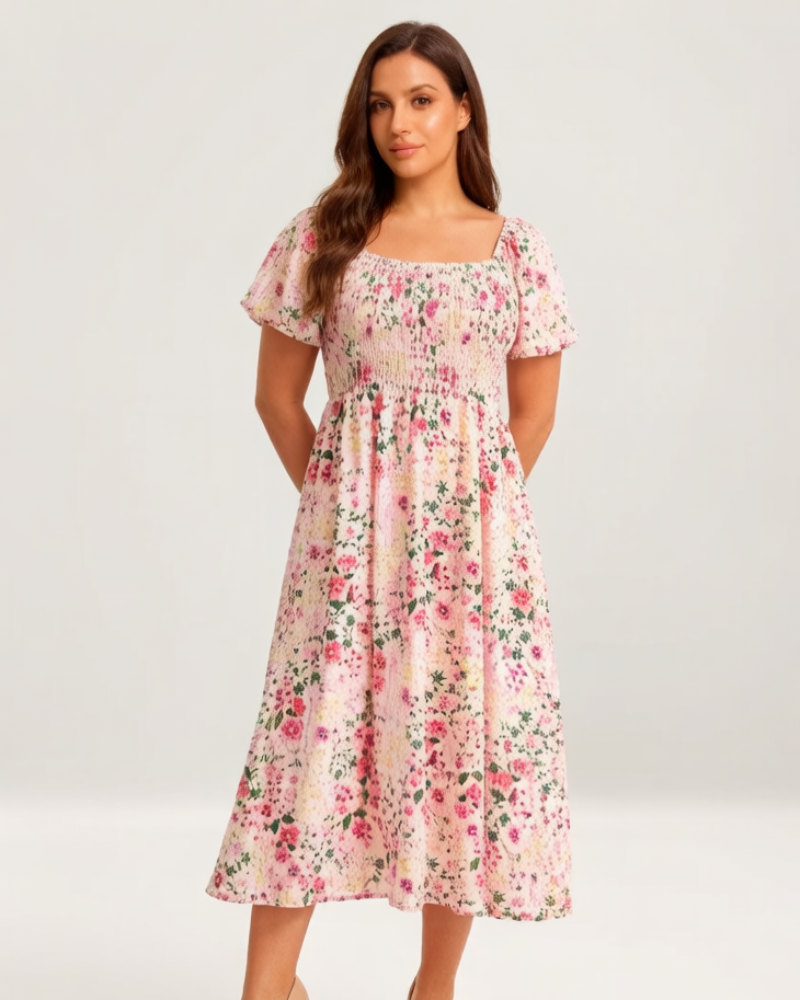 Floral Smocked Square Neck Midi Dress with Pockets