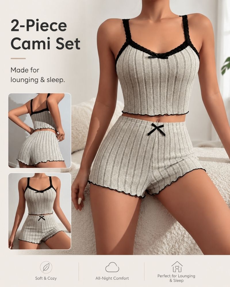 Lace Bow Cami Top And Shorts Pajama Set