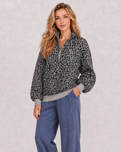 Leopard-Print Half-Zip Oversized Pullover